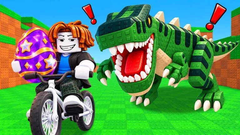 Official promotional art of a rider on a white bike carrying a purple star egg while a large green dinosaur chases.